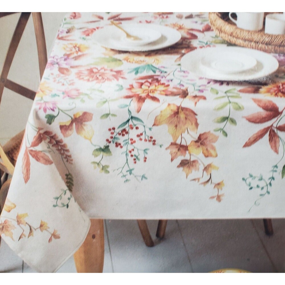 Fabric Spillproof Tablecloth, 60"x84"Oblong, MULTICOLOR FLOWERS,FALL BLOSSOMS,BM